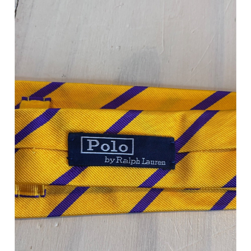 Polo Ralph Lauren Silk Tie Yellow Purple Striped Hand Made in Italy Mens Preppy